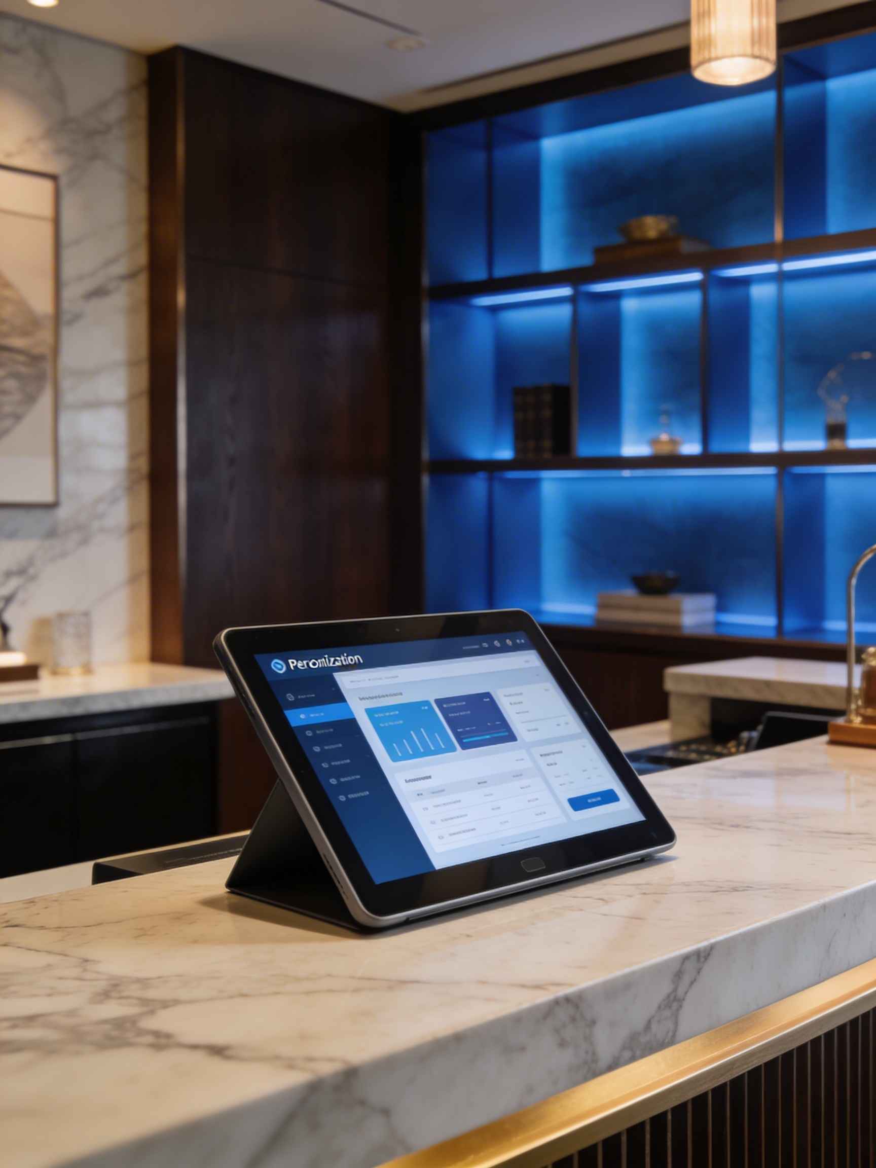 Tablet con dashboard de personalización de experiencia de huésped en recepción de hotel de lujo con iluminación azul