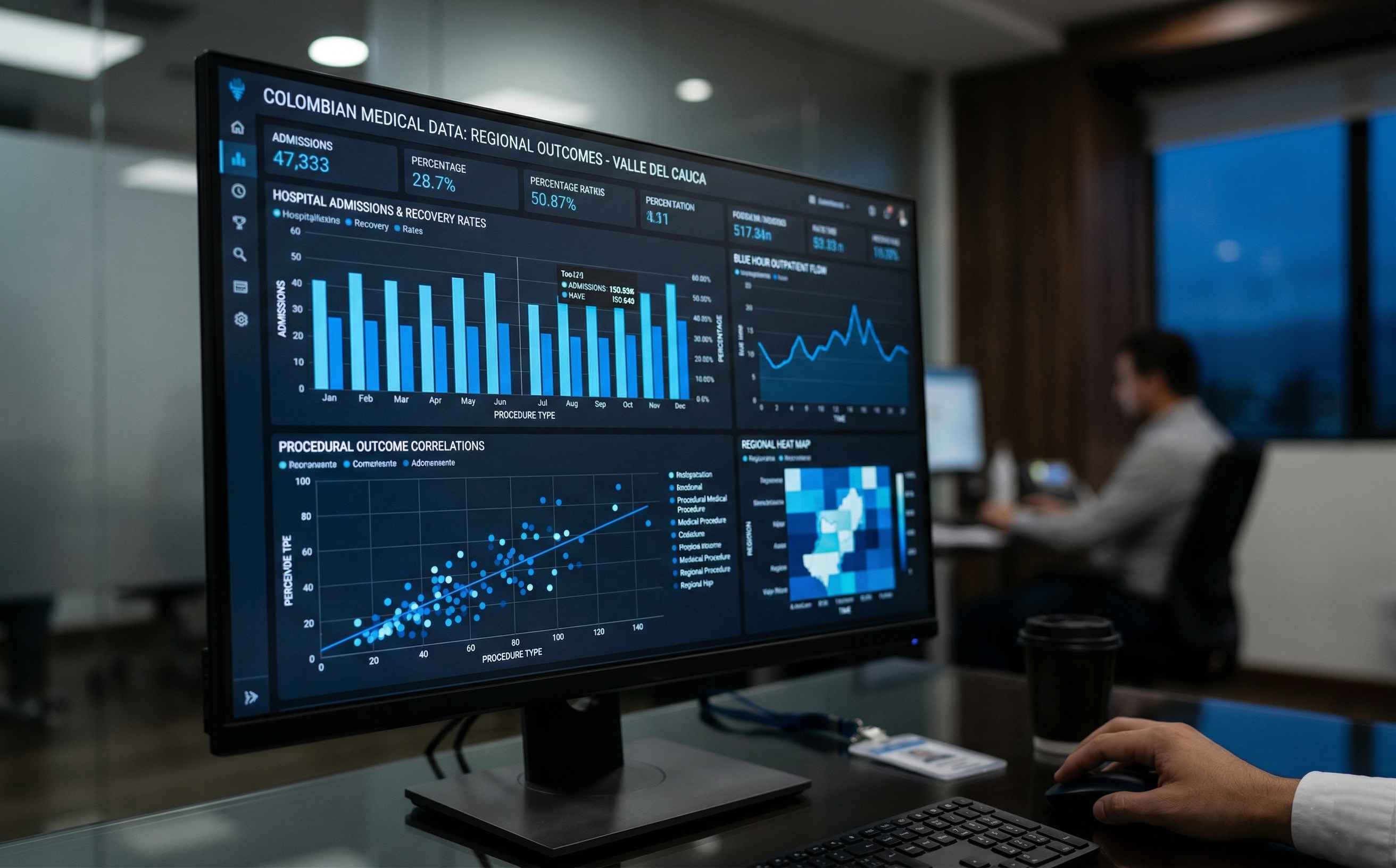 Monitor mostrando dashboard de análisis de datos médicos colombianos con gráficos de admisiones y correlaciones por procedimiento