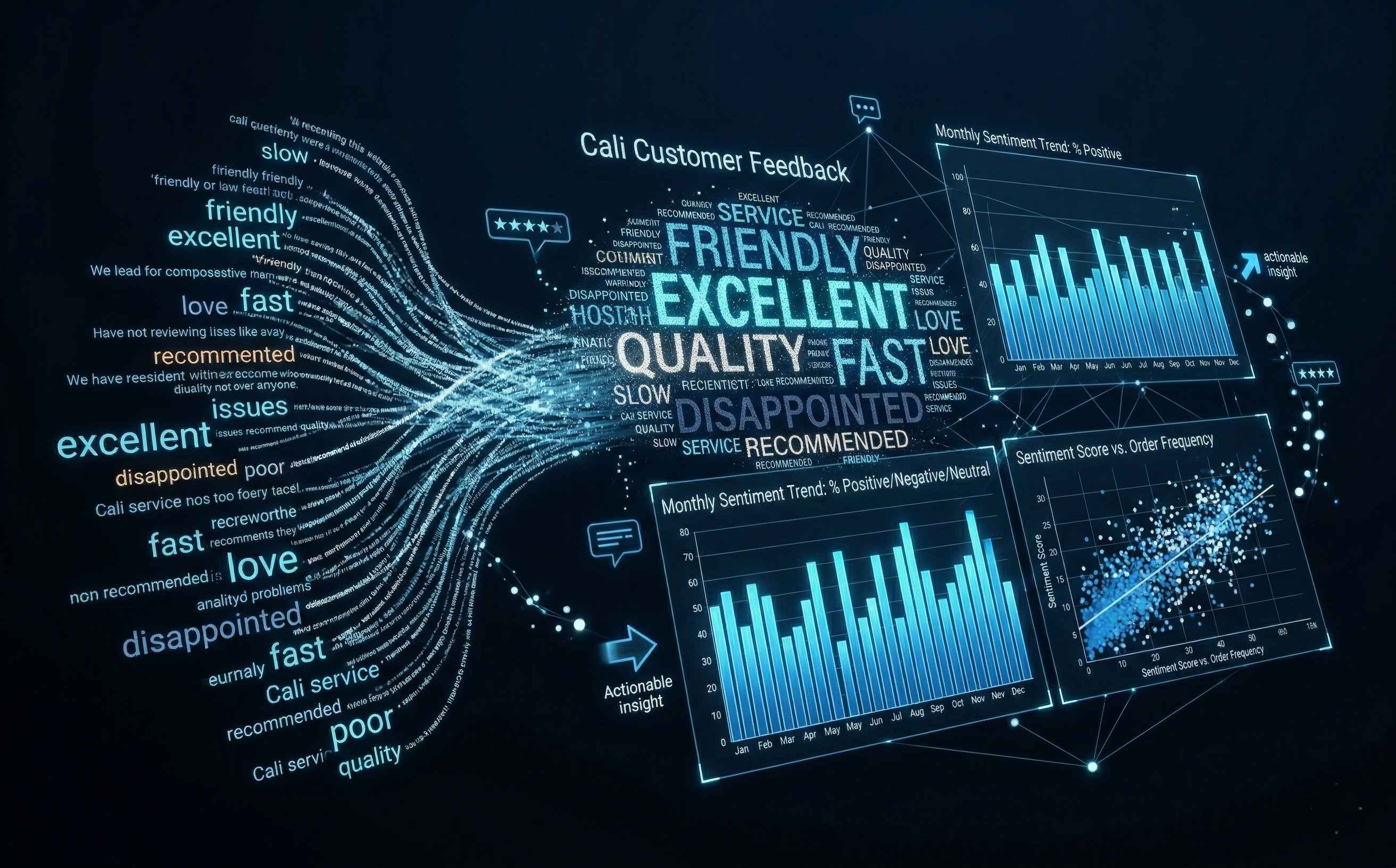 Visualización de análisis de sentimiento de reseñas de clientes con nube de palabras y gráficos de tendencias de satisfacción