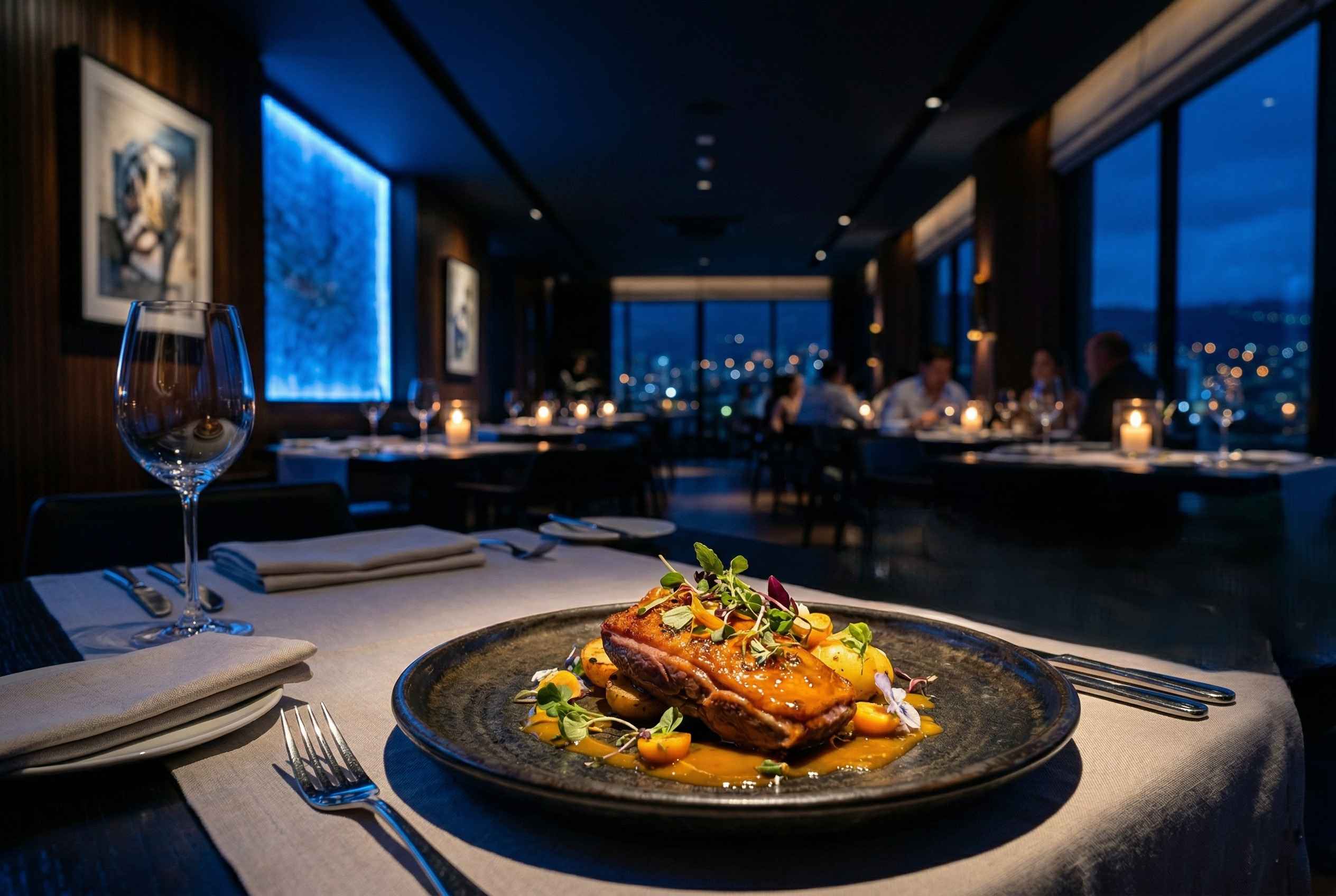 Restaurante de alta cocina con plato gourmet e iluminación azul ambiental representando la vertical de gastronomía