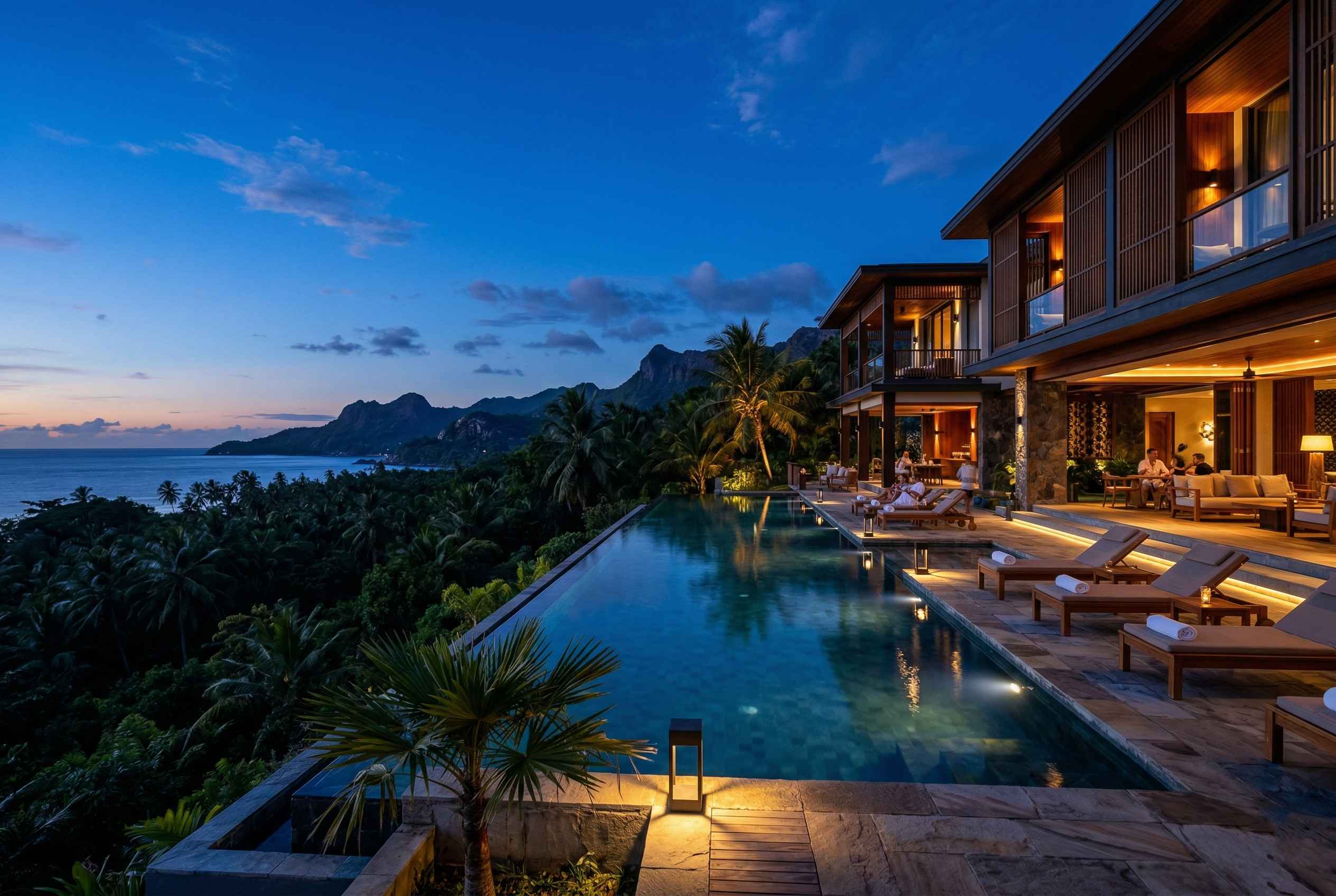 Resort de lujo con piscina infinity al atardecer rodeado de vegetación tropical representando turismo de lujo premium